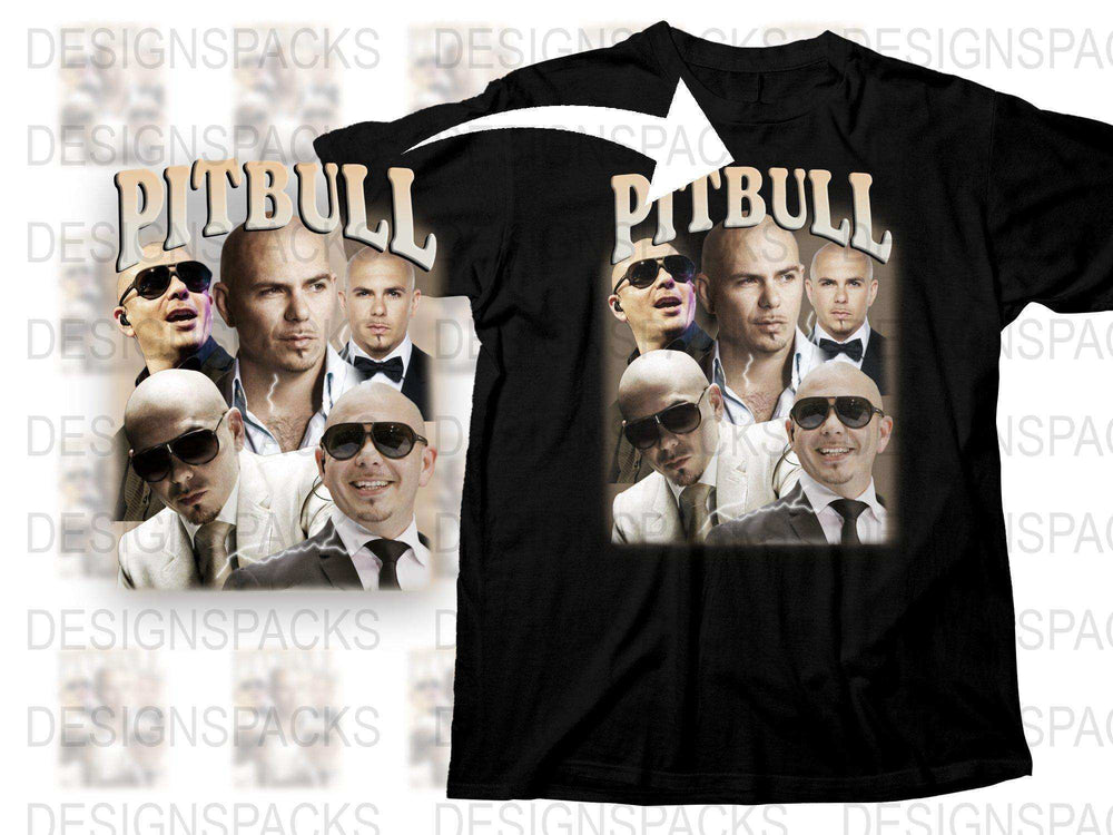 Pitbull Graphic T-Shirt, Men's Black Tee with Famous Musician, Fan Merchandise, Multiple Faces Design