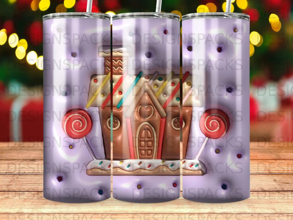 Gingerbread house with candy decorations on a tumbler wrap.
