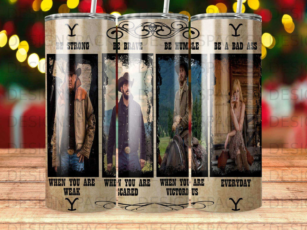 Four tumblers with inspirational quotes and Western-themed portraits.