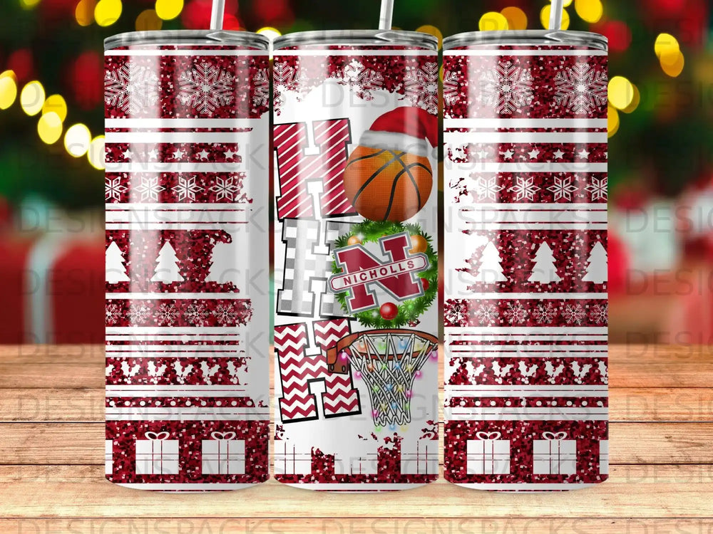 Christmas tumbler with "NICHOLLS" text, basketball, and snowflake designs.