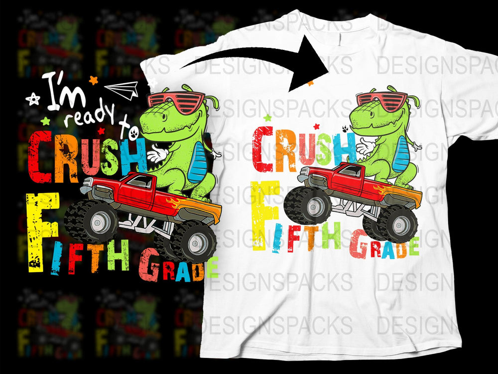 Kids Dinosaur T-Shirt, 'I'm Ready to Crush Fifth Grade' Graphic Tee, Colorful Back to School Shirt for Boys and Girls