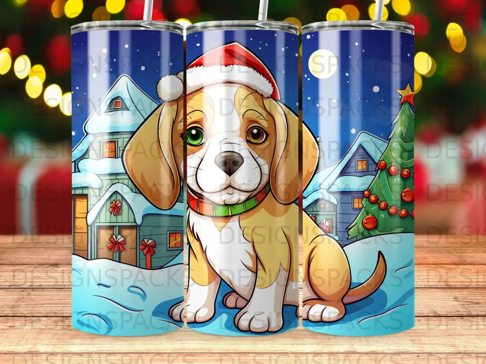 Beagle puppy wearing a Santa hat sits in a snowy winter village scene.