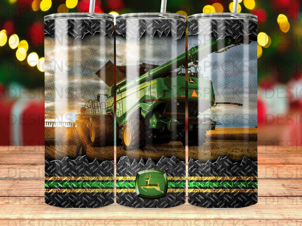 Green combine harvester in a field with John Deere logo.
