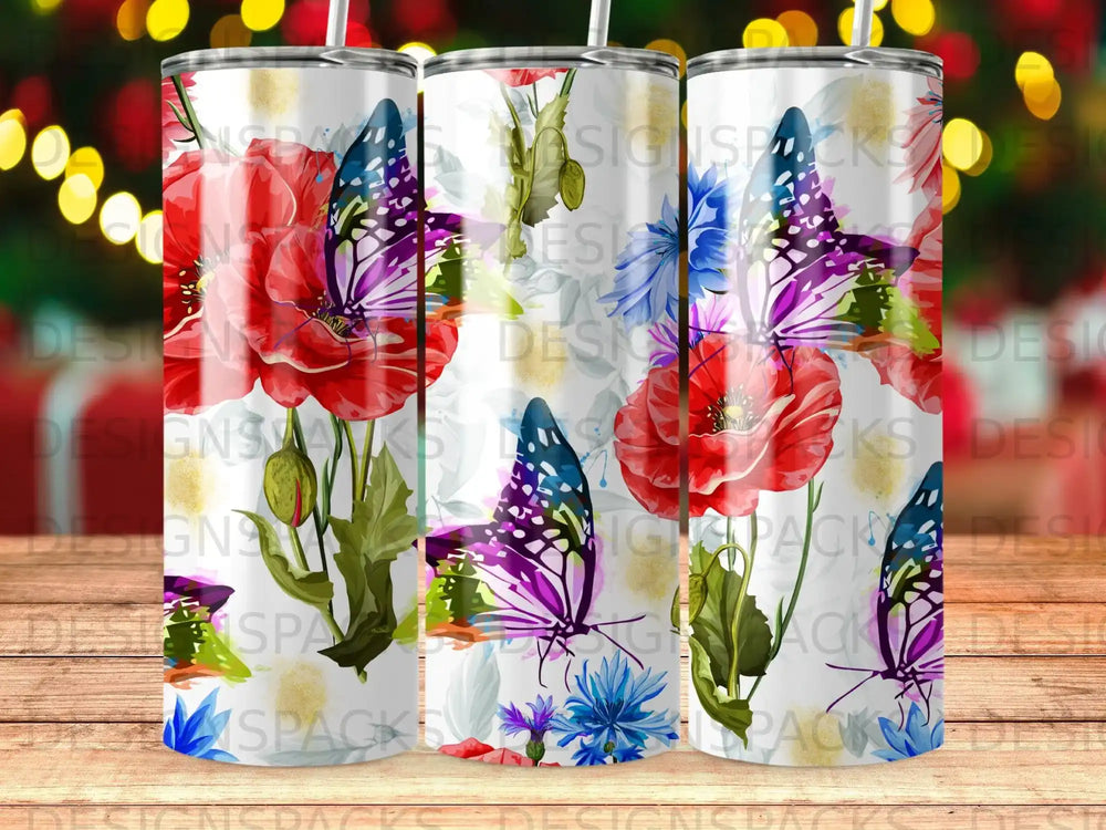 Floral tumbler with poppies and butterflies on a white background.