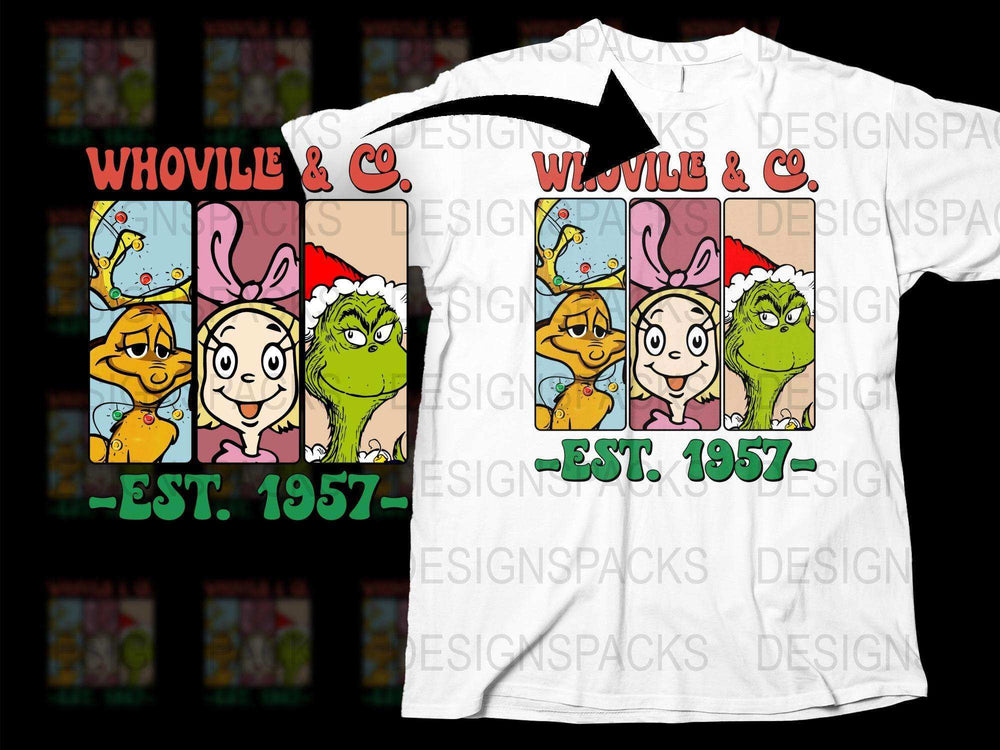 Whoville and Co. Est. 1957 Cartoon Characters T-Shirt, Colorful Vintage Design, Unisex Graphic Tee