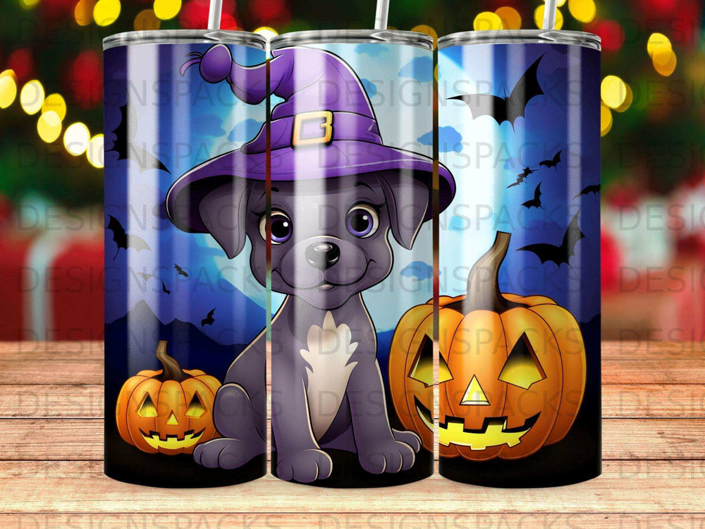 Cute dog in witch hat with pumpkins and bats.
