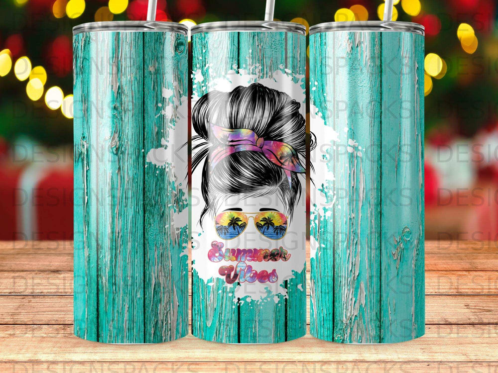 Tumbler with messy bun, sunglasses, and "Summer Vibes" text.