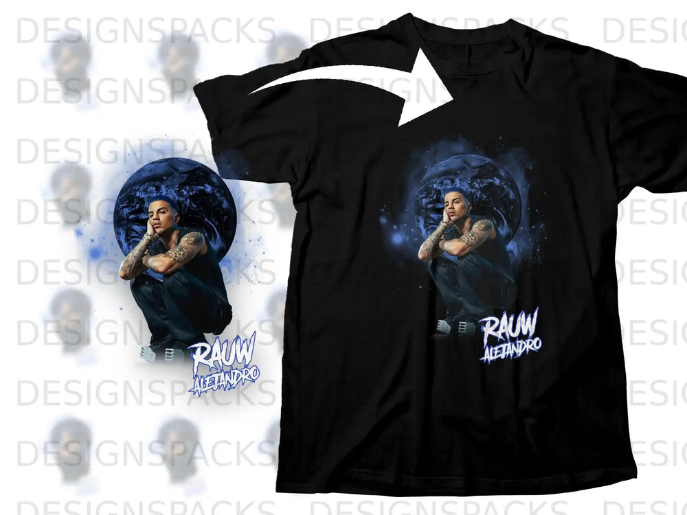 Black t-shirt with Rauw Alejandro artwork of him kneeling with a planet behind him.