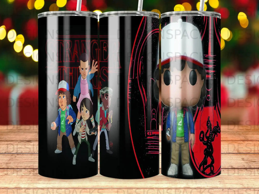 Stranger Things characters and logo on a black tumbler.
