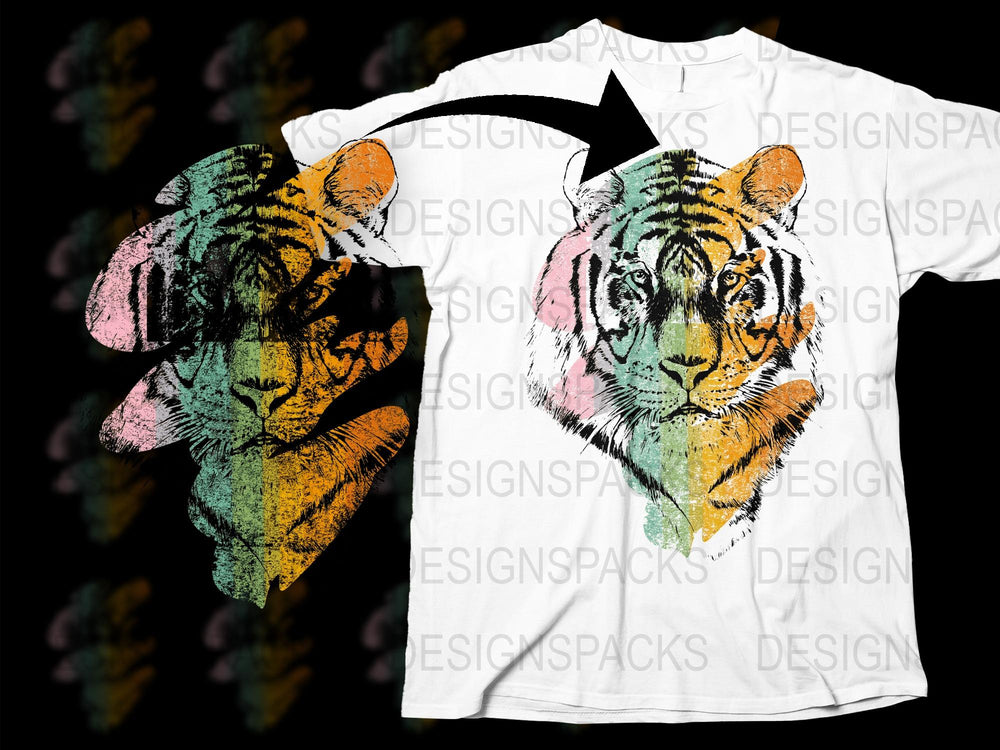 Colorful Tiger Face Print T-Shirt, Artistic Graphic Tee, Unisex Fashion Top, Trendy Animal Design Shirt