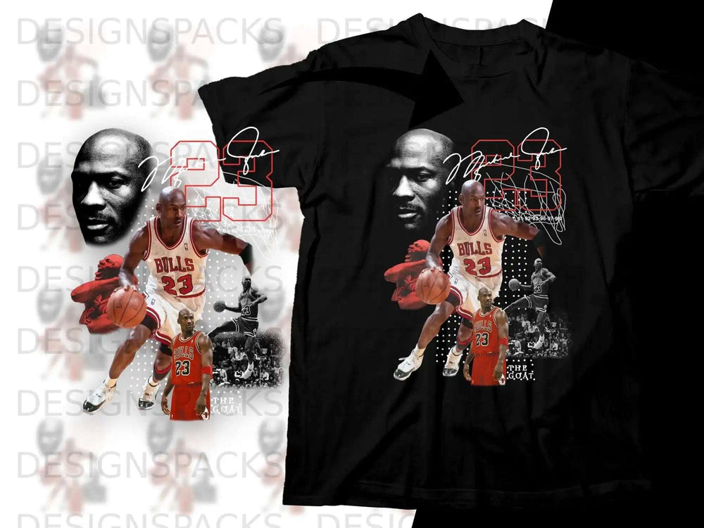 Michael Jordan in Bulls uniform with basketball and "THE GOAT" text.