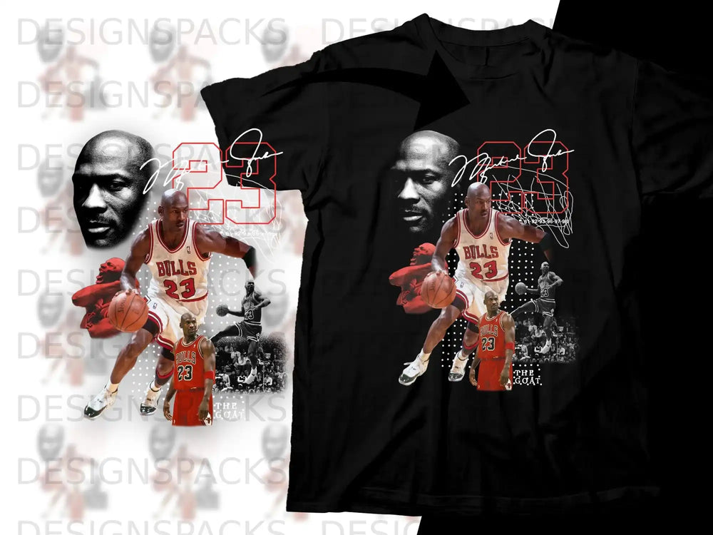Michael Jordan in Bulls uniform with basketball and "THE GOAT" text.