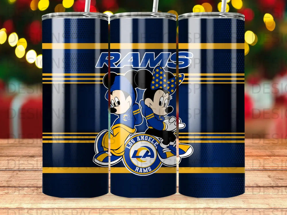 Mickey and Minnie Mouse in Los Angeles Rams uniforms on a blue and gold striped tumbler.