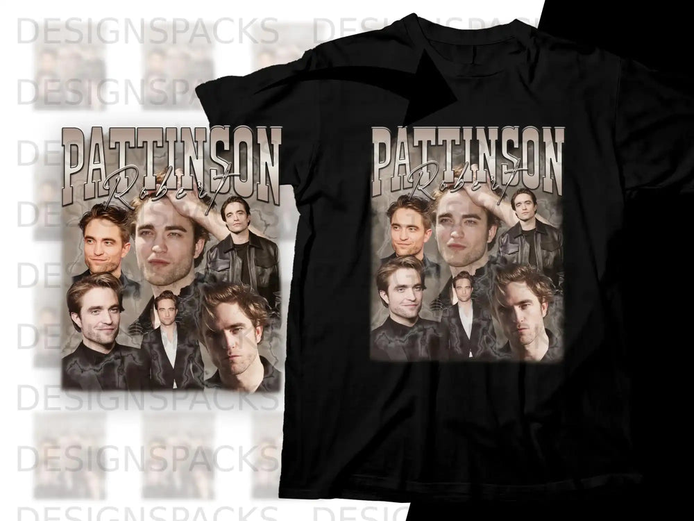 T-shirt mockup featuring a collage of Robert Pattinson portraits.