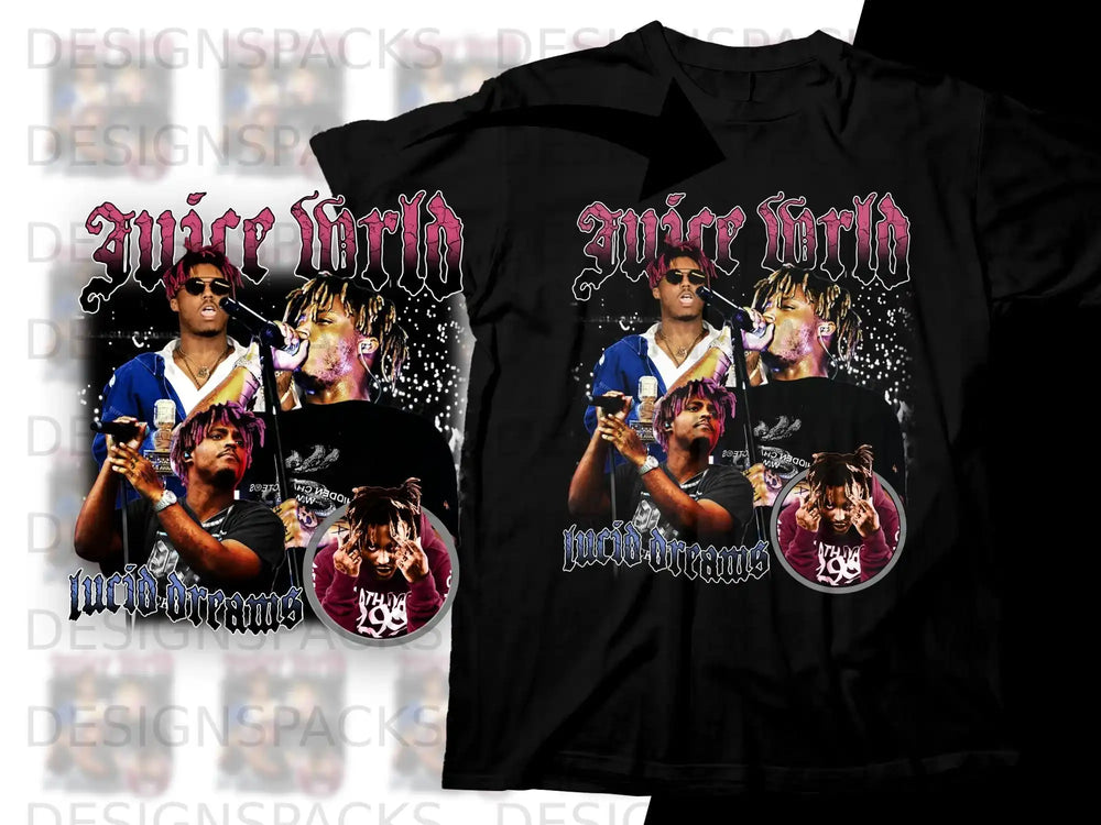 Juice Wrld "Lucid Dreams" graphic t-shirt with collage of artist images.