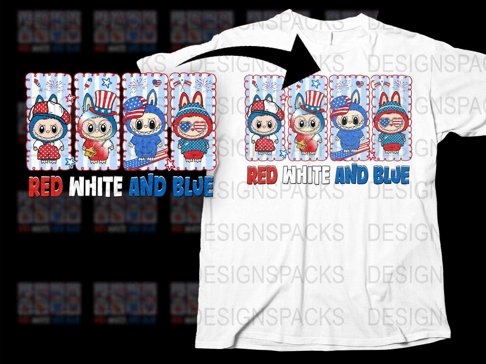 Patriotic Animal T-Shirt, Cute Cartoon Characters, Red White Blue, USA Theme, Kids and Adults Sizes Available