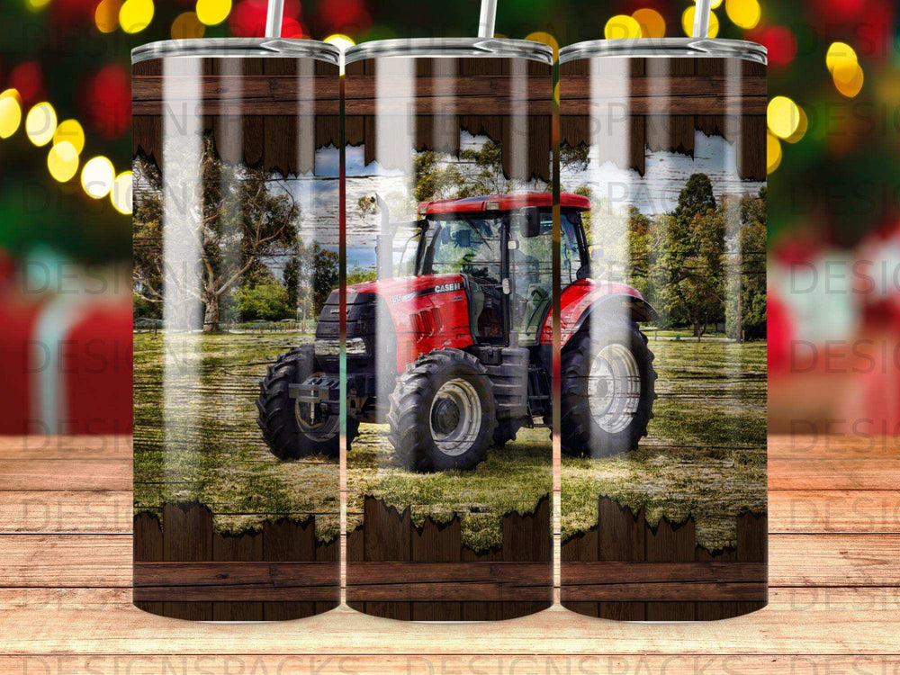 Red tractor with wood grain border, outdoors in a field.