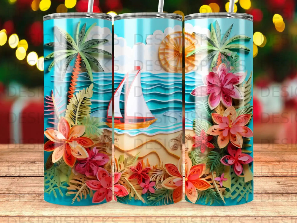 Tropical beach scene with sailboat, palm trees, and paper flowers on a tumbler.