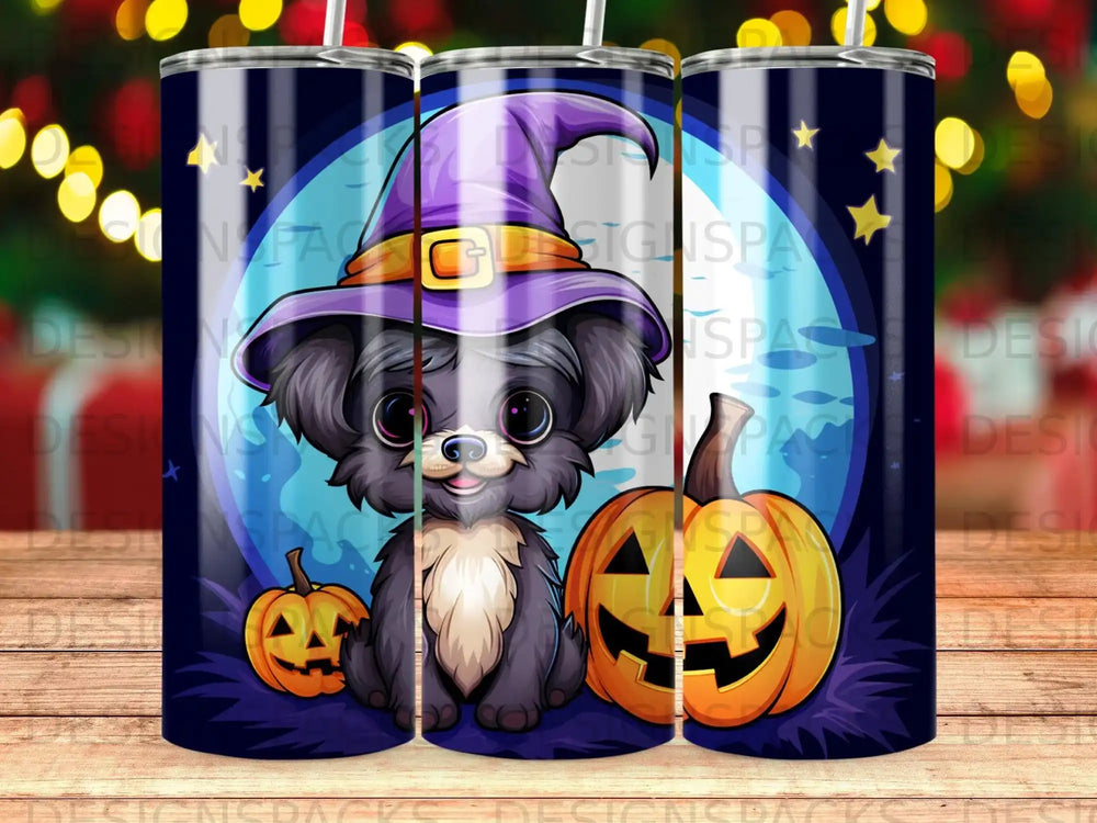 Cute black dog in witch hat with pumpkins under moon and stars.