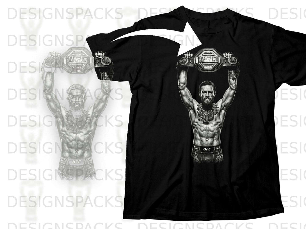 Black t-shirt featuring McGregor holding UFC belts, with faint graphic outline.