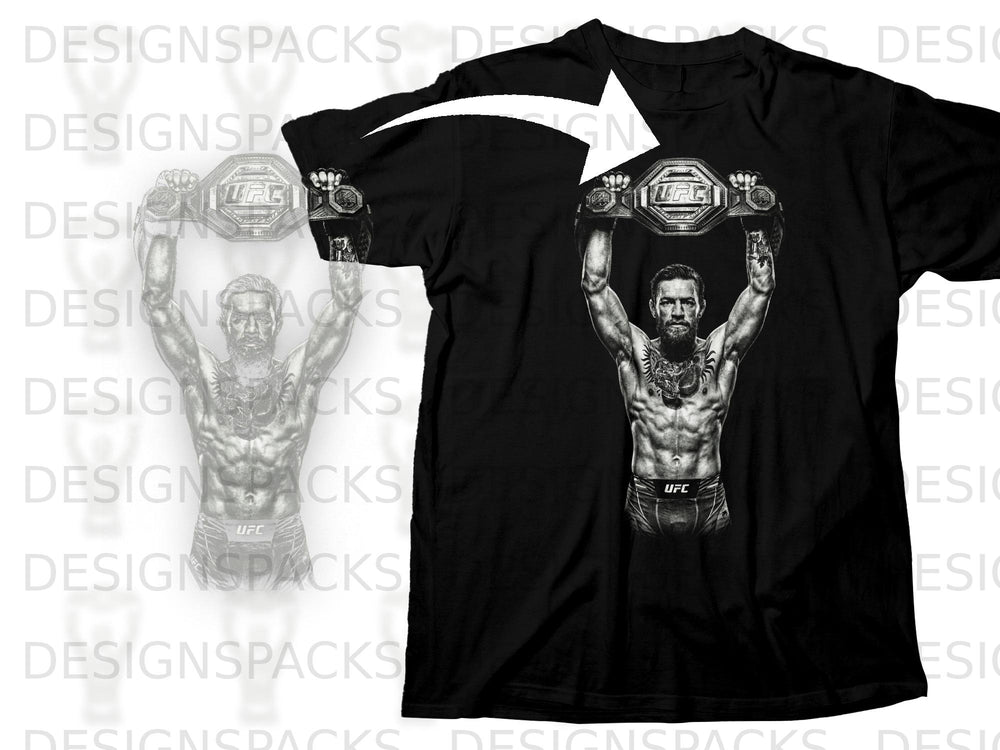 Black t-shirt featuring McGregor holding UFC belts, with faint graphic outline.