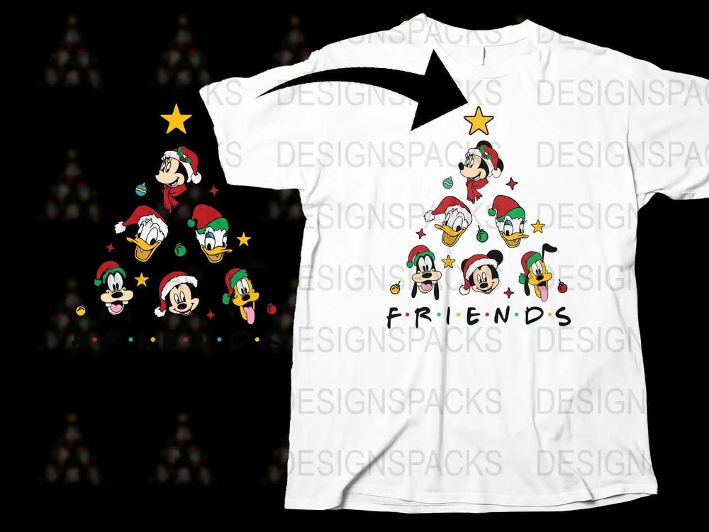 Disney Friends Christmas T-Shirt, Holiday Mickey and Friends Graphic Tee, Festive Cartoon Characters Shirt