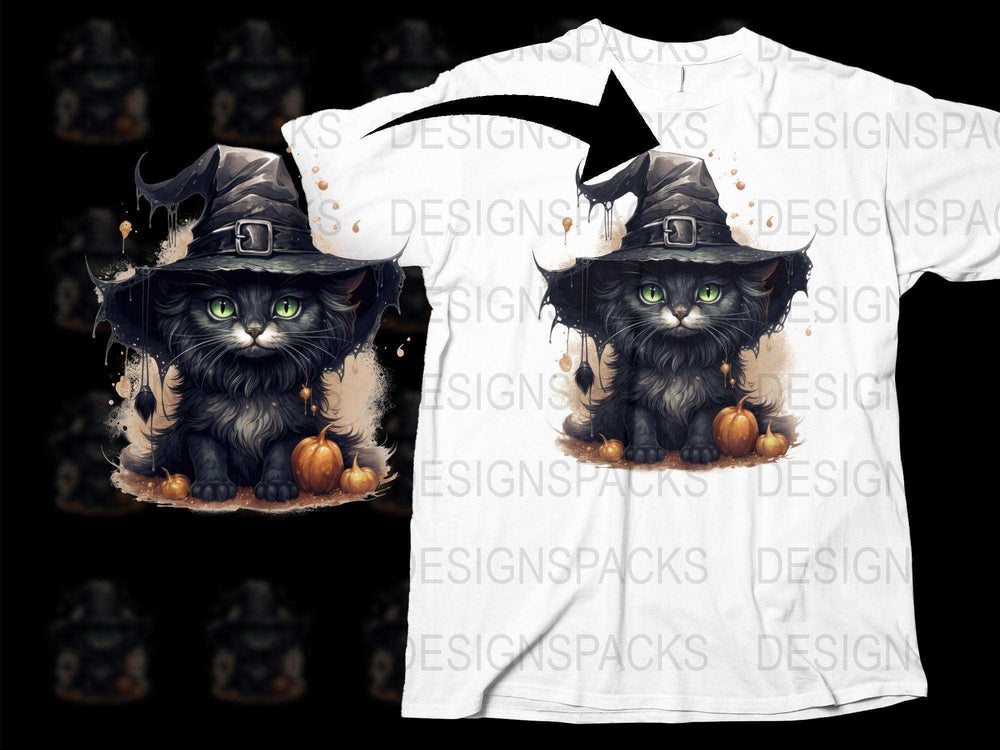 Halloween Cat T-Shirt, Witch Hat Kitten, Spooky Cute Graphic Tee, Pumpkin Fall Season Shirt, Unisex Adult Clothing
