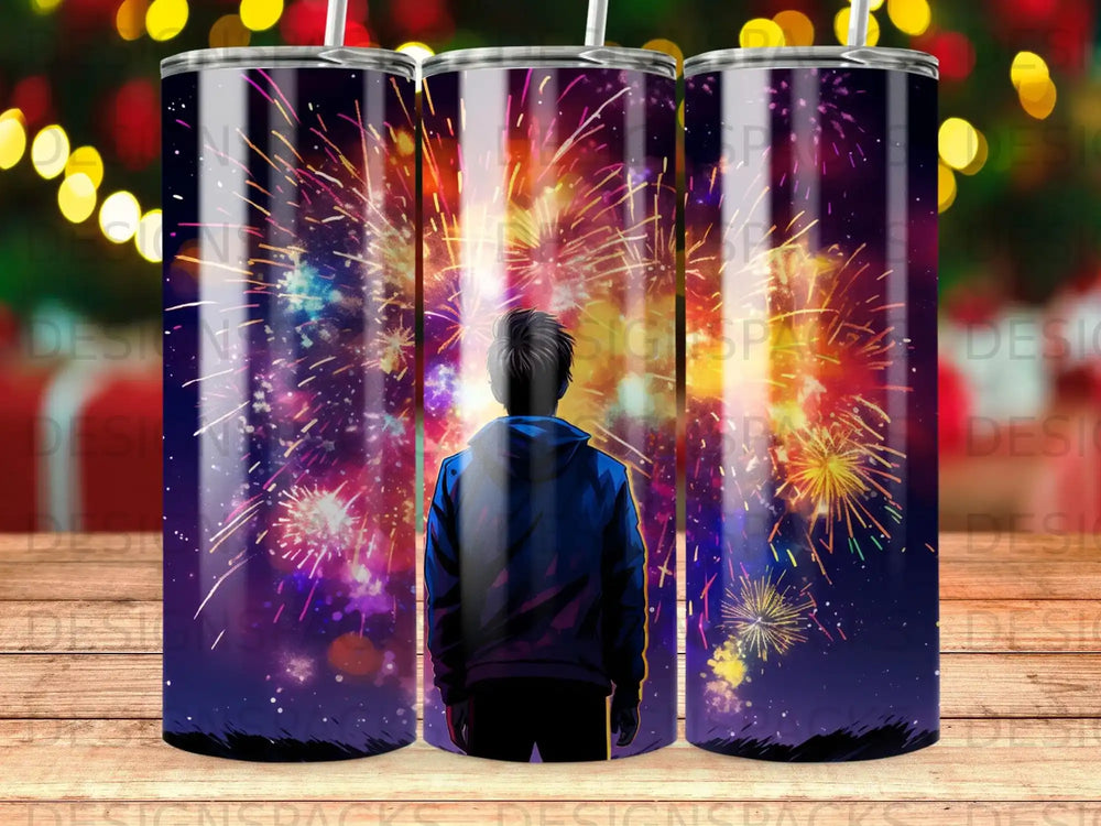 Person facing colorful fireworks display, viewed from behind.