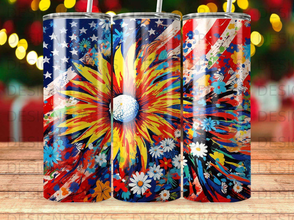 Sunflower and American flag design on three tumblers.