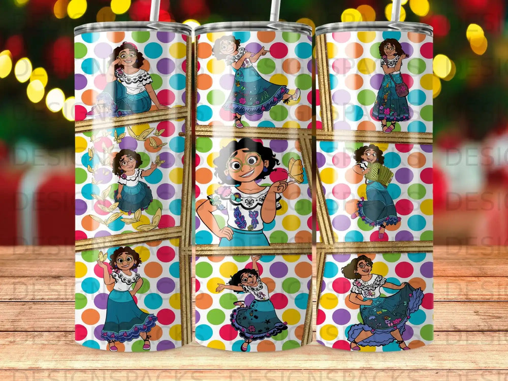 Collage of Encanto characters dancing against a polka dot background.