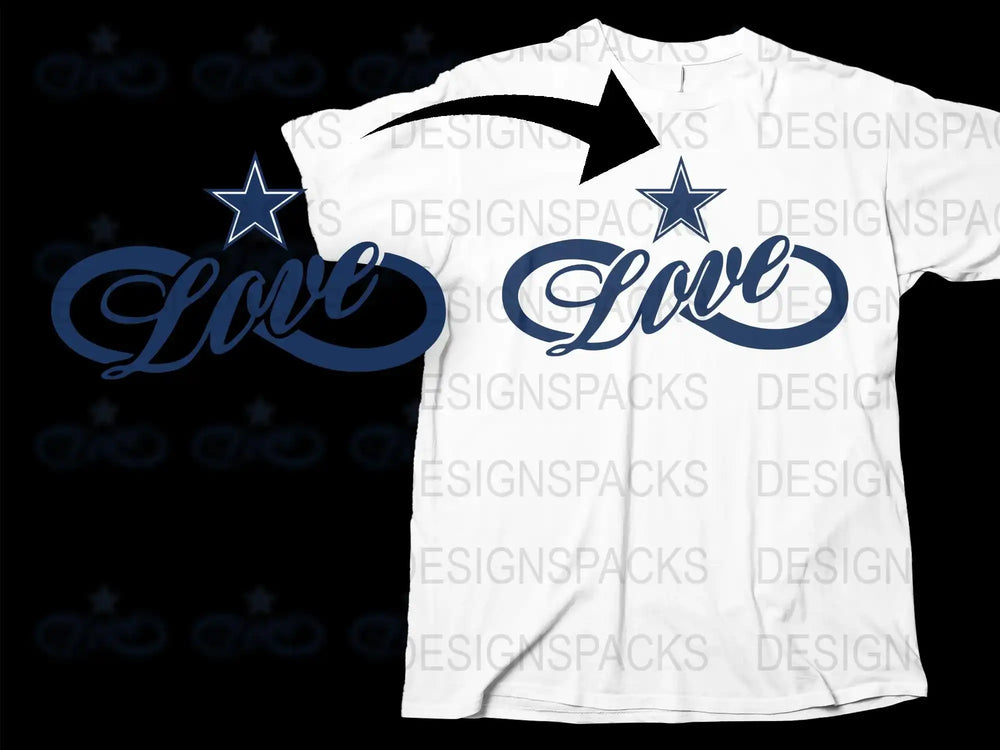 Love Graphic T-Shirt, White Tee with Blue Love Script Design, Casual Star Graphic Top