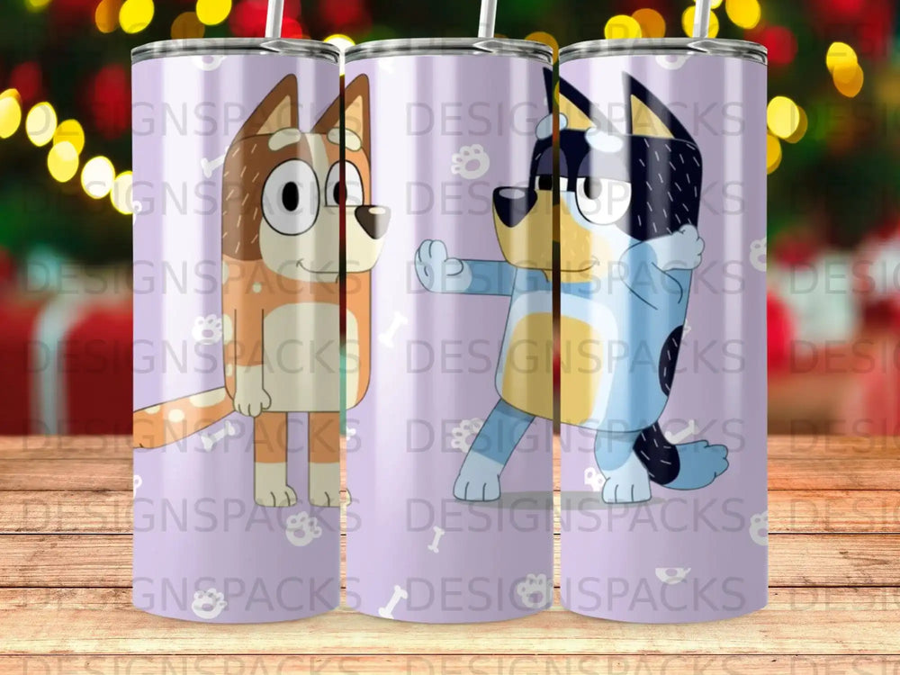 Bluey and Bingo characters on a purple and white striped tumbler.