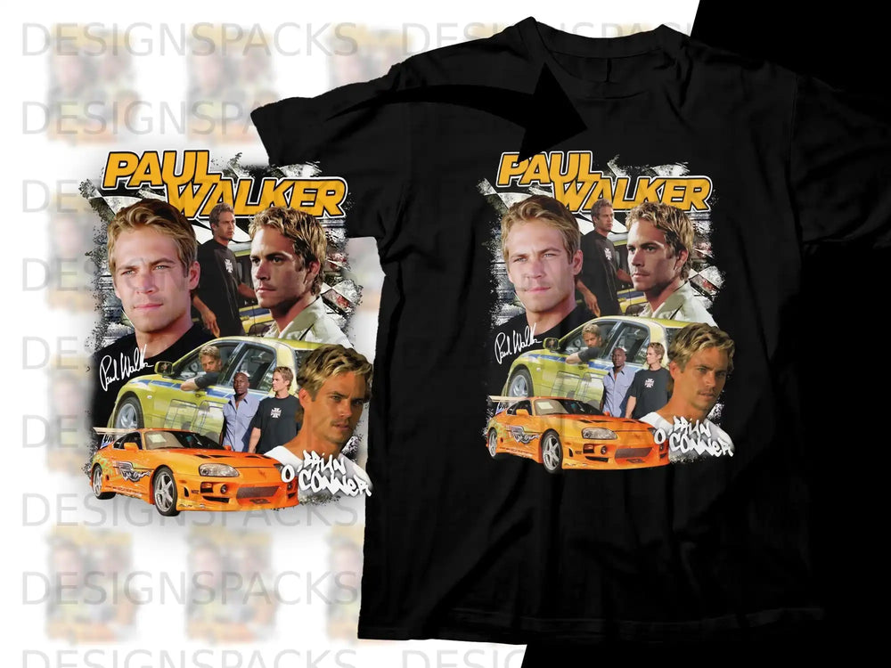 T-shirt with Paul Walker and cars, featuring "Paul Walker" text.