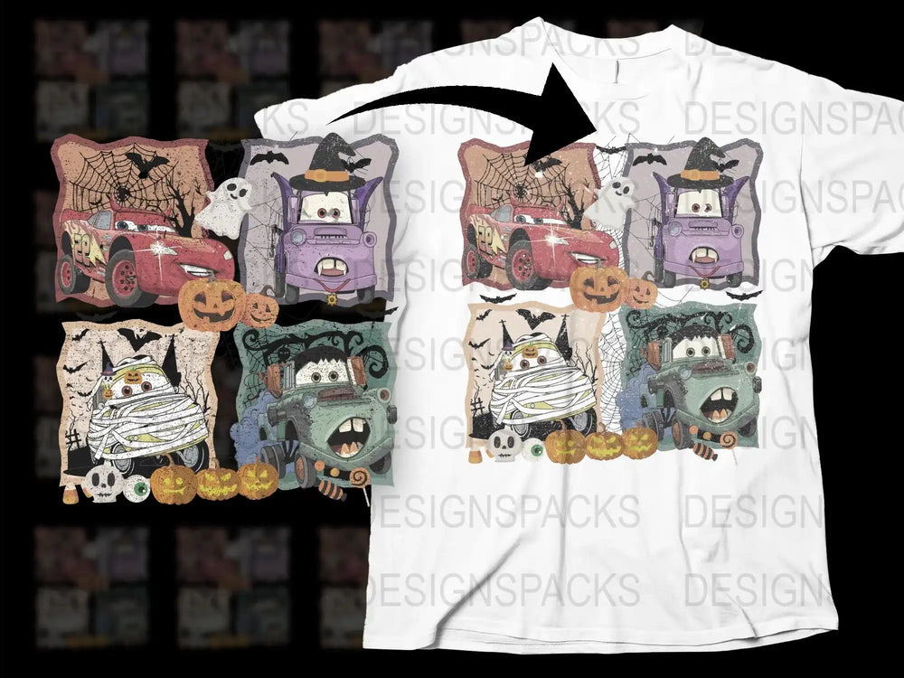 Halloween Themed T-Shirt with Cartoon Cars and Pumpkins, Spooky Fall Clothing for All Ages