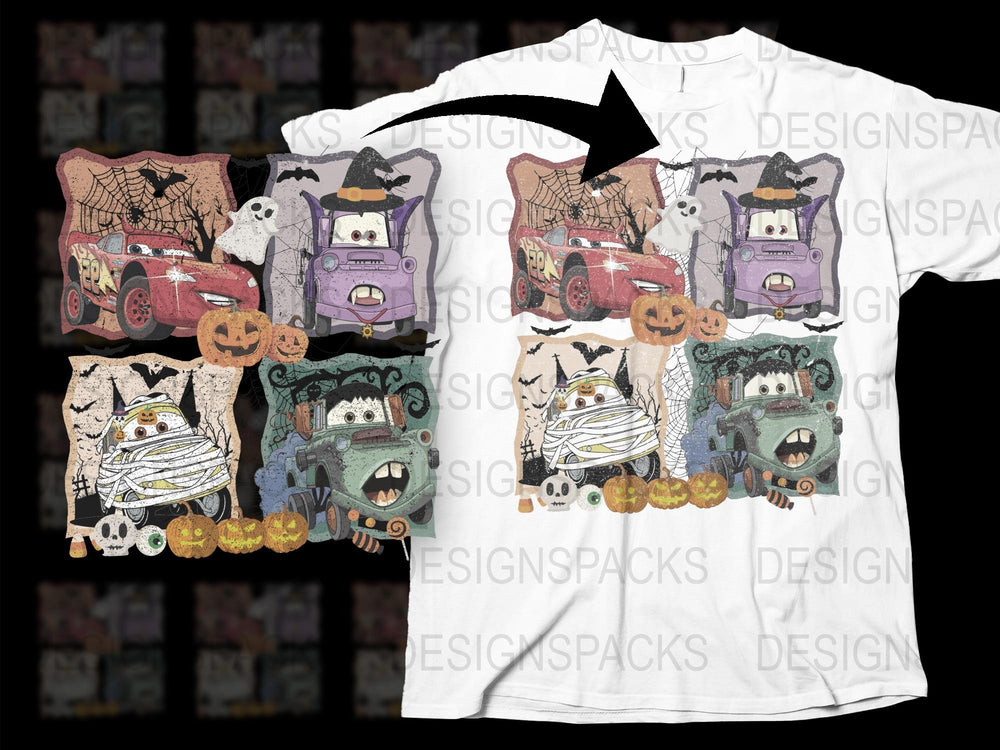 Halloween Themed T-Shirt with Cartoon Cars and Pumpkins, Spooky Fall Clothing for All Ages