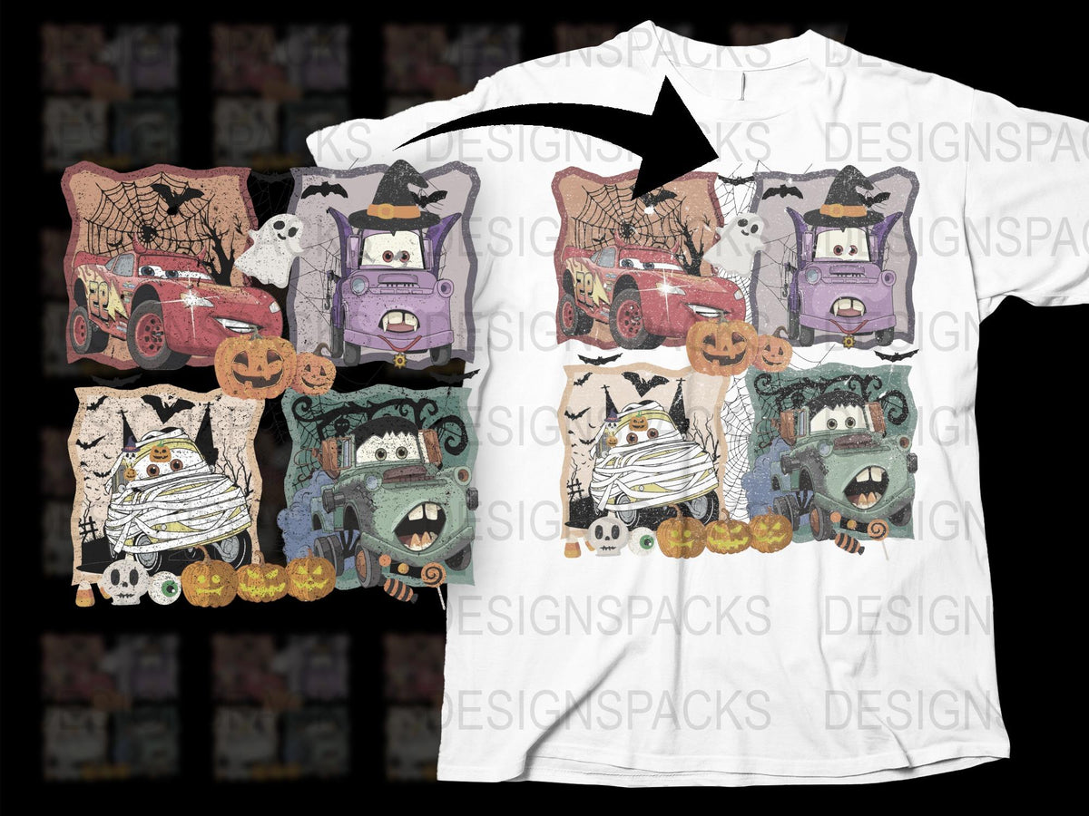 Halloween Themed T-Shirt with Cartoon Cars and Pumpkins, Spooky Fall Clothing for All Ages