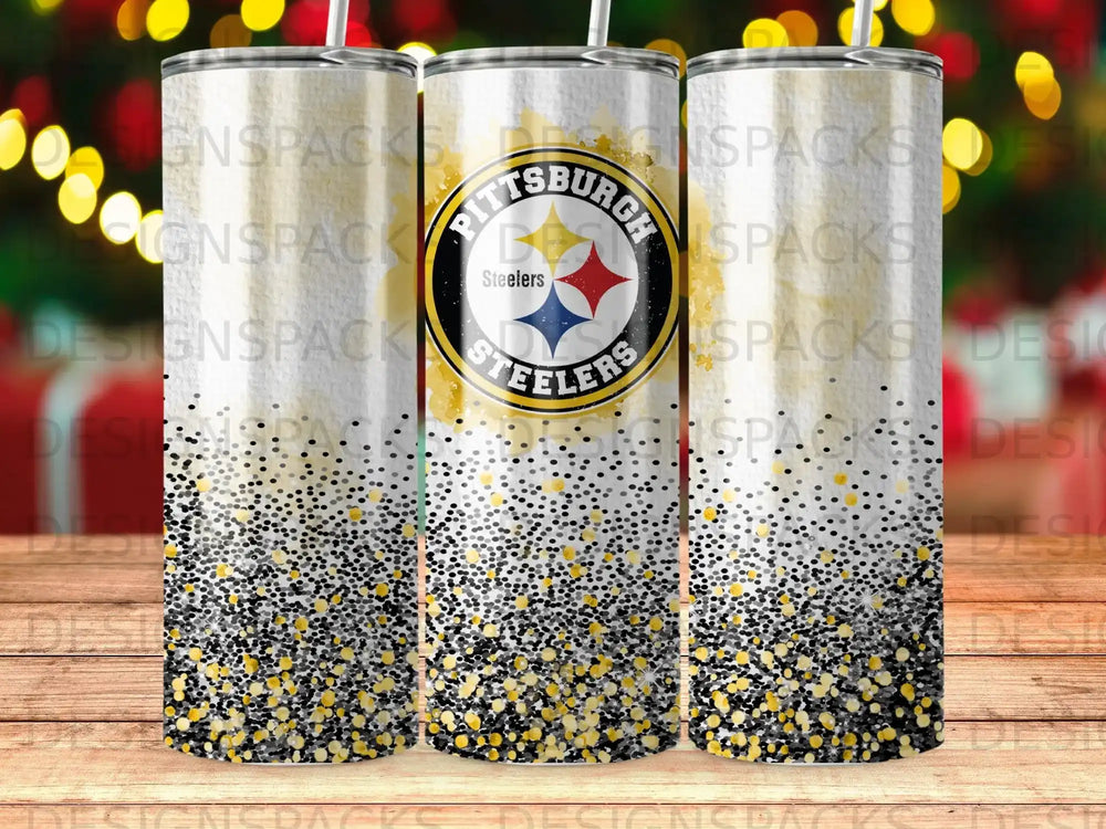 Pittsburgh Steelers logo on a speckled tumbler with black and gold glitter.