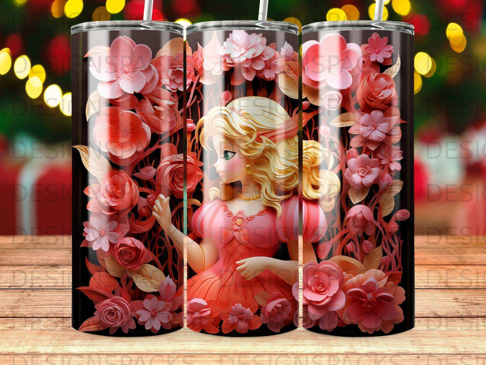 Blonde girl in coral dress surrounded by pink and red flowers.