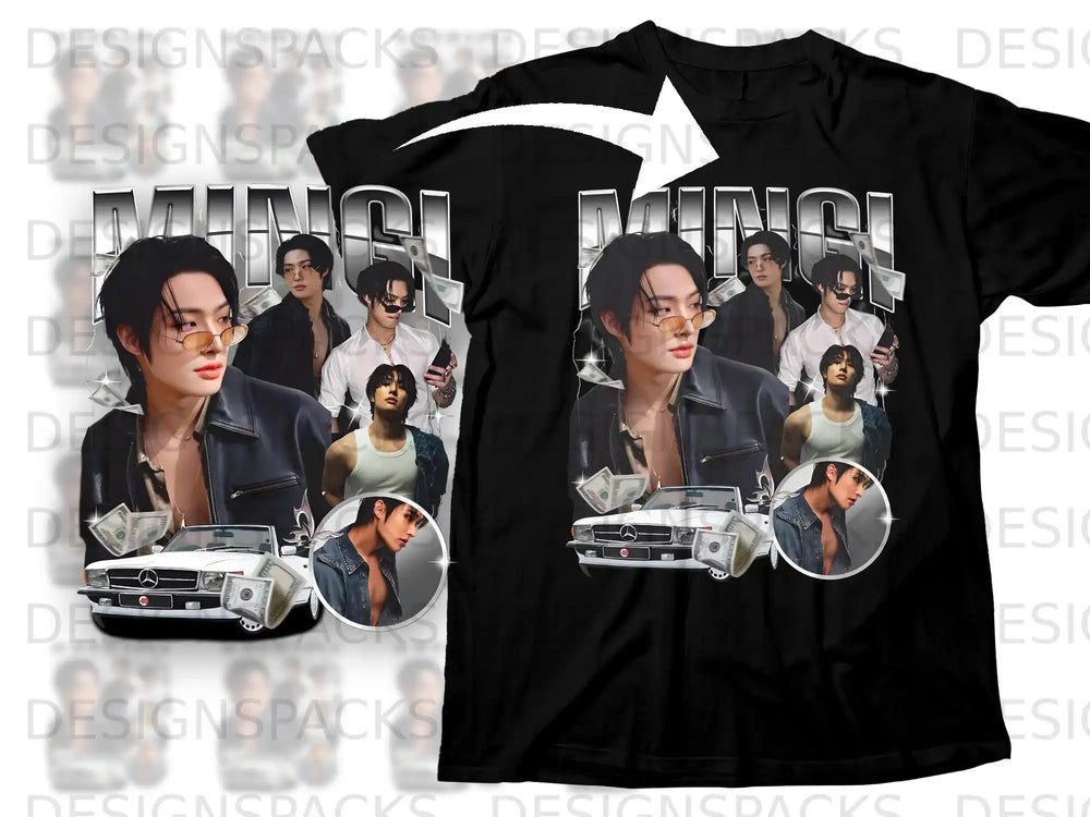 T-shirt featuring a collage of Min Yoongi with cars and money.