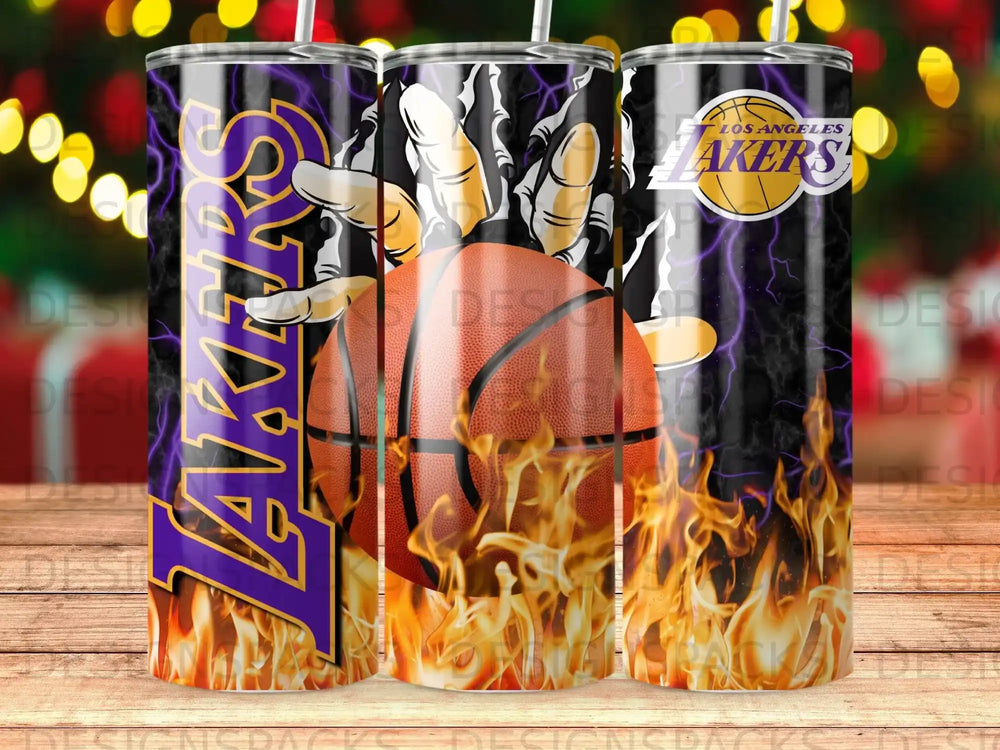 Los Angeles Lakers basketball with flames and logo on a tumbler.