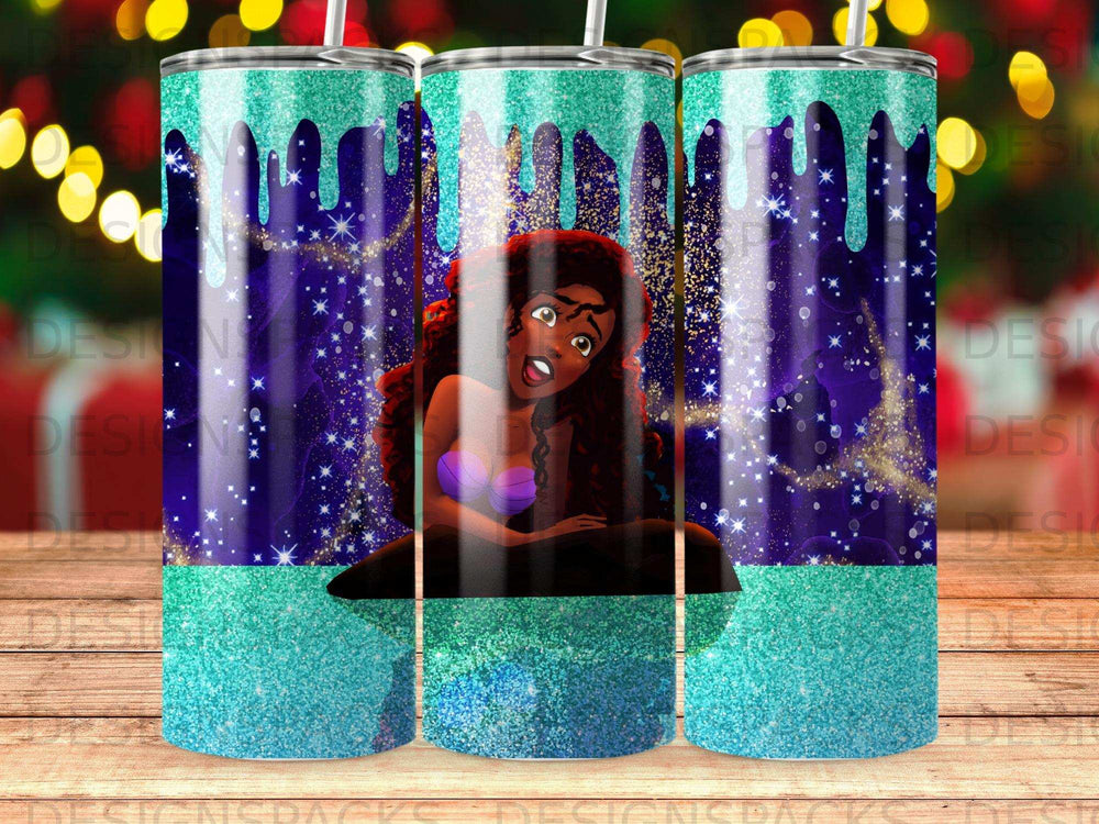 Ariel from The Little Mermaid on a glittery tumbler with purple starry background.