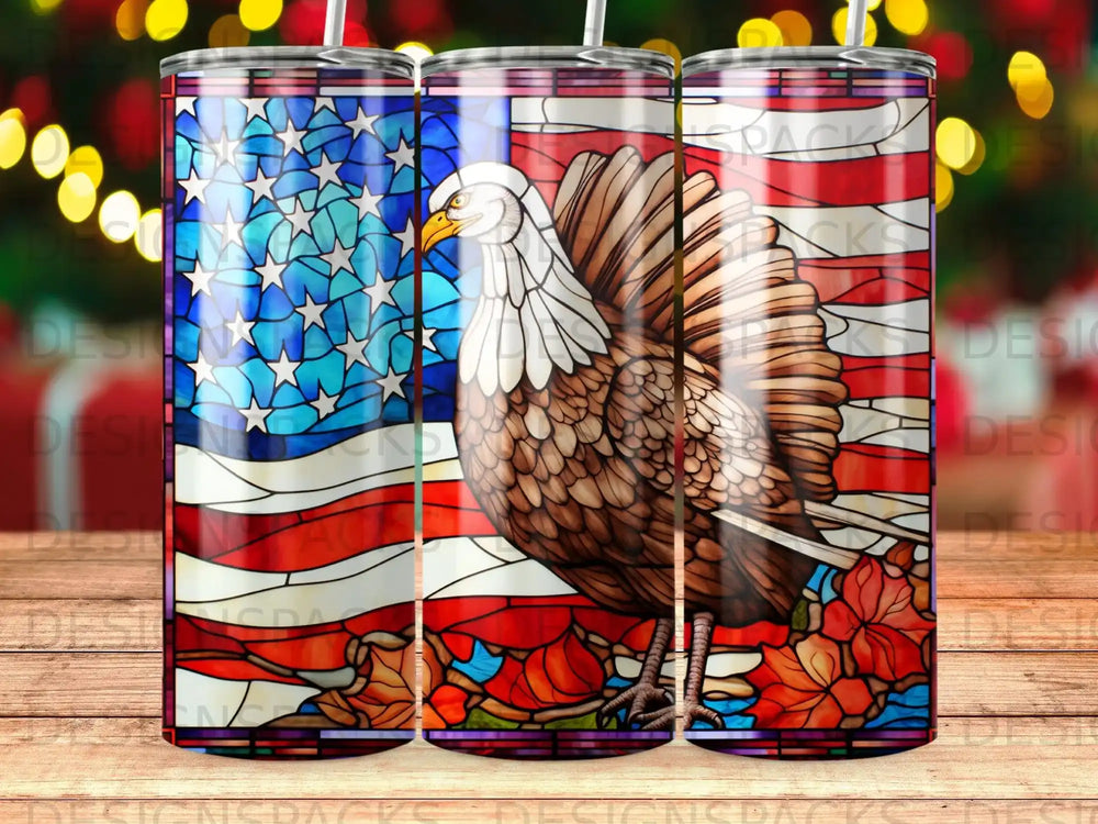 Eagle and American flag stained glass design on a tumbler.