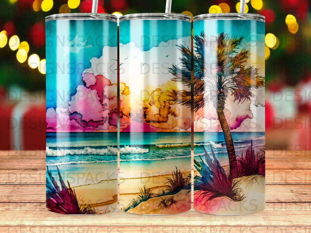 Tropical beach scene with palm trees, ocean, and colorful clouds.