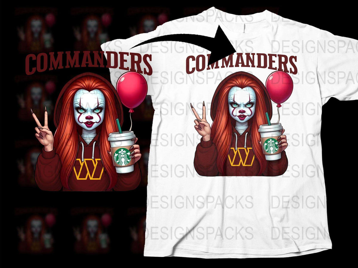 Clown Horror Graphic T-Shirt, Commanders Parody Design, Unisex White Tee with Red Balloons and Coffee Cup