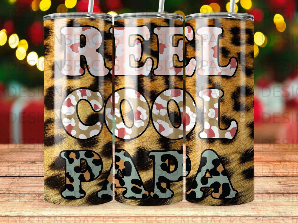 Leopard print tumbler with "REEL COOL PAPA" text.