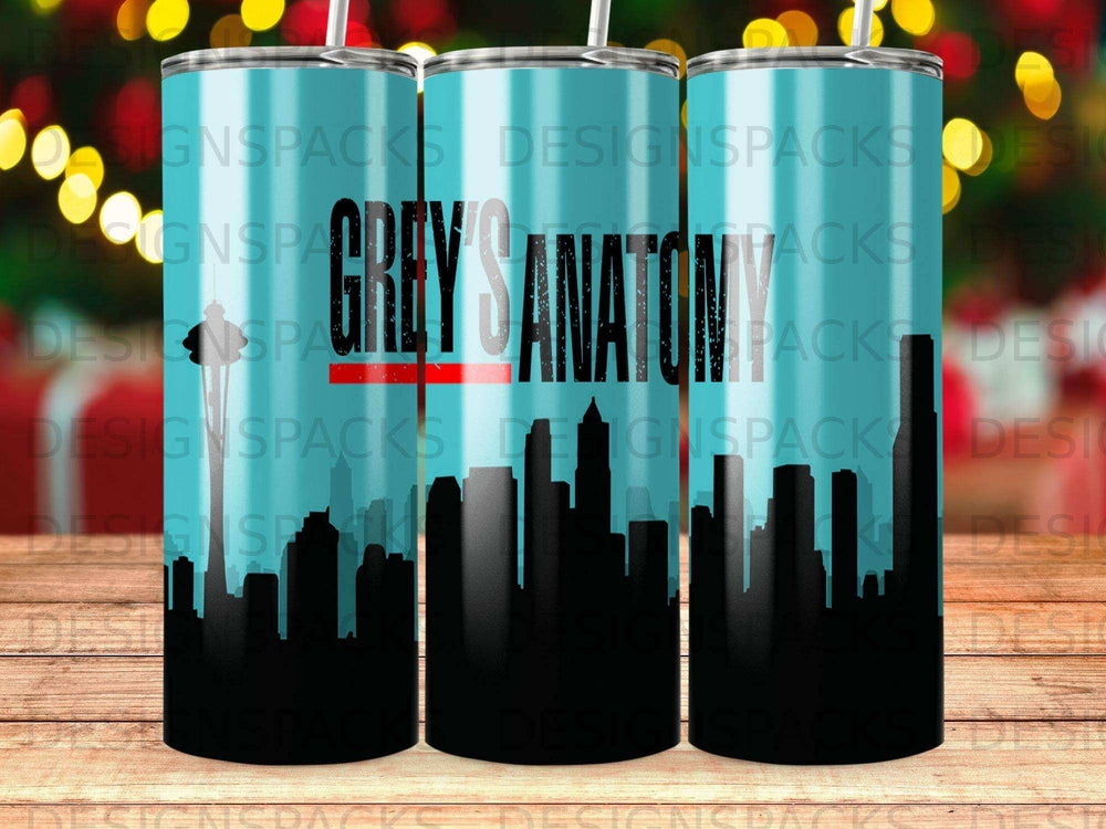 Grey's Anatomy tumbler with Seattle skyline and blue-grey gradient background.