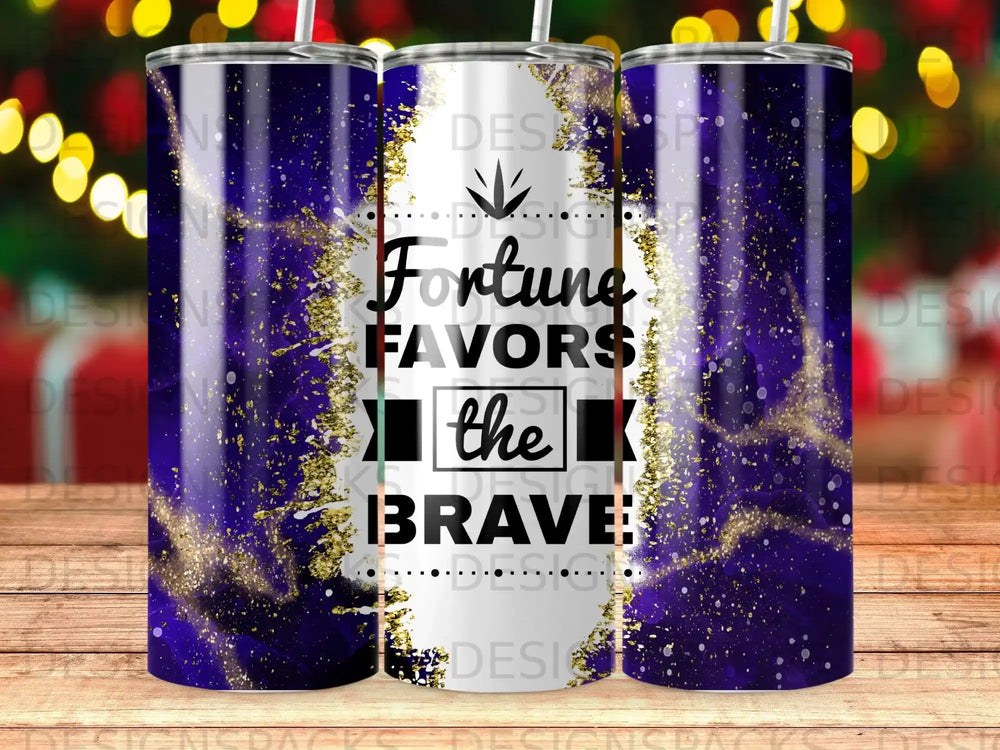 Tumbler with purple and gold glitter and text "Fortune Favors the Brave".