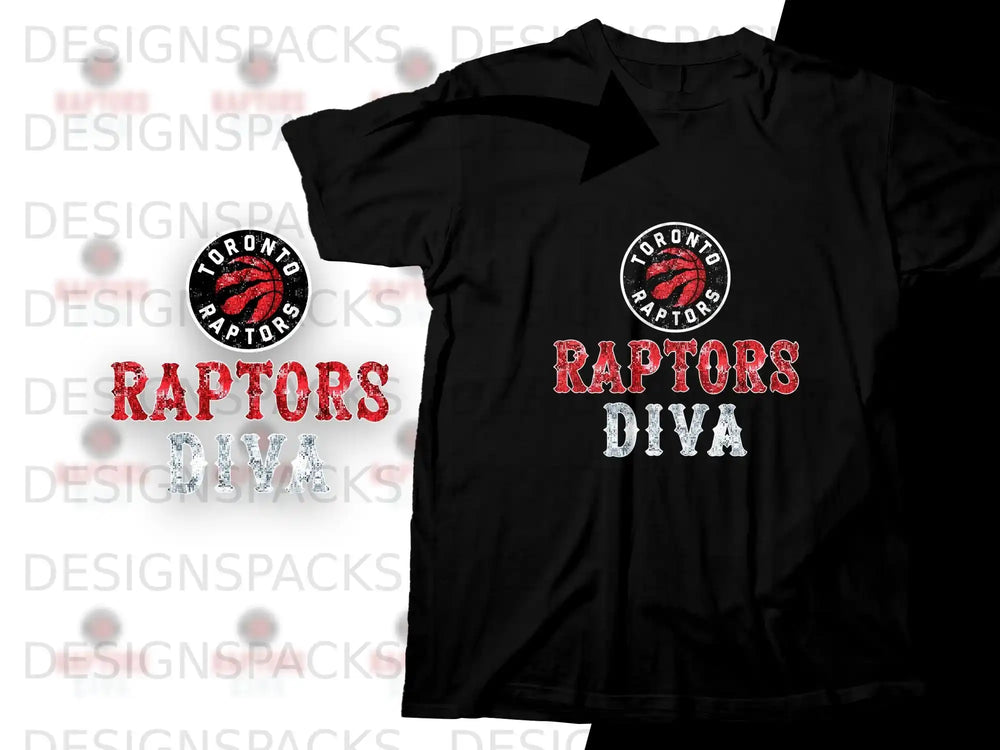Black Toronto Raptors t-shirt with "Raptors Diva" text and team logo.