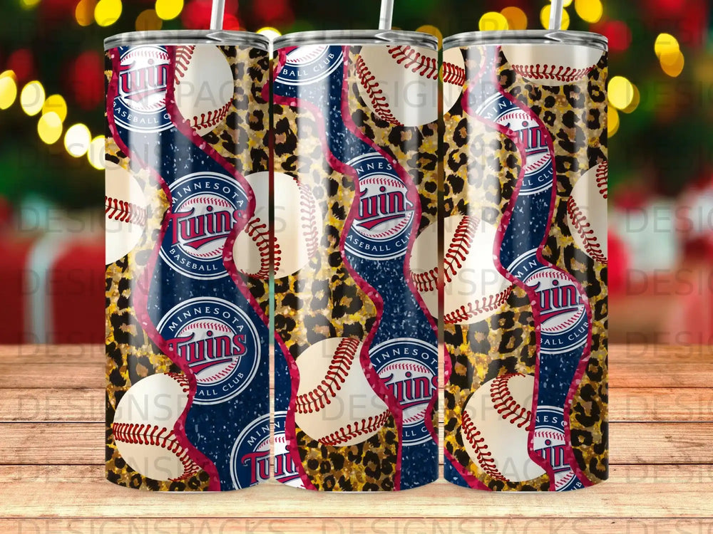 Minnesota Twins baseball and leopard print tumbler with branding.