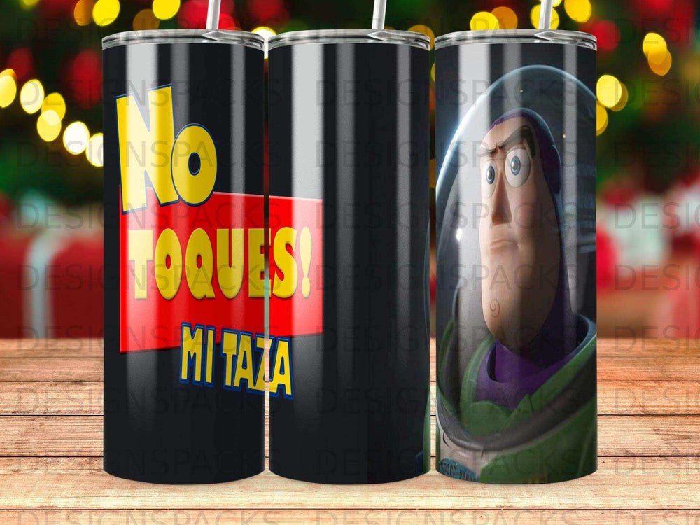 Buzz Lightyear character and "No Toques!" text on a black tumbler.